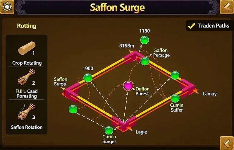 Cumin Power Play Saffron Surge player strategies Cumin Power Play Saffron Surge strategy guide illustration showing optimal crop rotation and trading paths